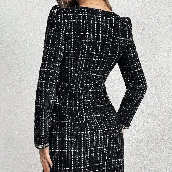 Black Preppy Womens Women's Puff Sleeve Checked Short Dress - Picture 4 of 5